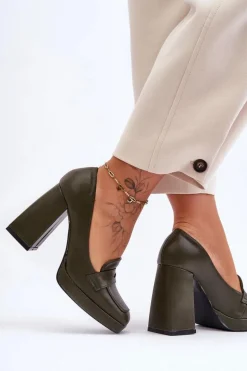 Czółenka Skórzane Na Wysokim Obcasie Zielone Alisa