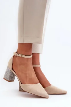 Czółenka z Eko Zamszu Na Zdobionym Słupku Beżowe Anlitela