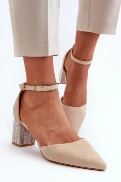 Czółenka z Eko Zamszu Na Zdobionym Słupku Beżowe Anlitela