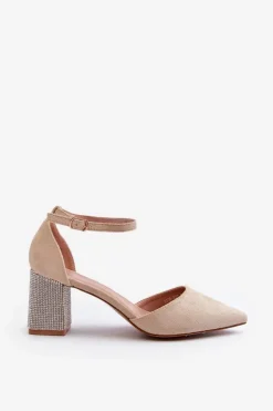 Czółenka z Eko Zamszu Na Zdobionym Słupku Beżowe Anlitela