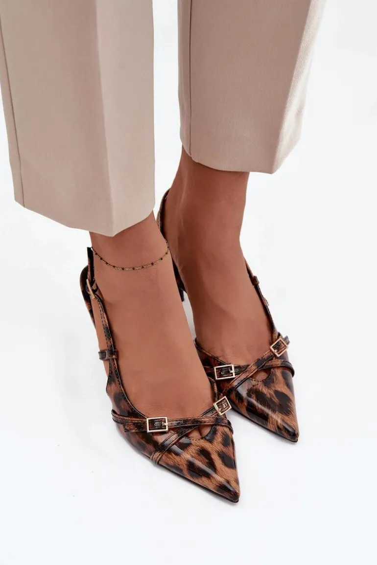 Czółenka Z Odkrytą Piętą I Paseczkami Panterka Brązowe Ravira