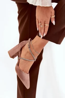 Czółenka Ze Szpiczastymi Noskami I Zdobionymi Paseczkami Na Słupku Ciemnobeżowe Verithas