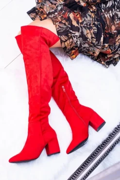 Czerwone Damskie Kozaki Zamszowe Za Kolano Feluni