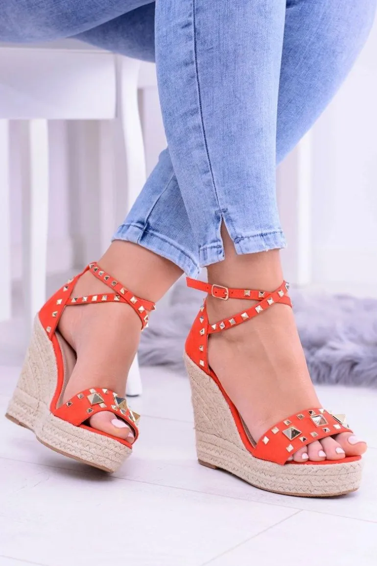 Czerwone Sandały Na Koturnie Espadryl Ćwieki Dżety Narumi