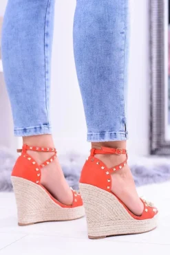 Czerwone Sandały Na Koturnie Espadryl Ćwieki Dżety Narumi