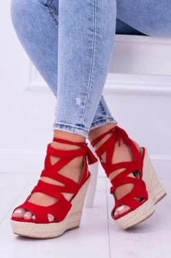 Czerwone Zamszowe Sandały Na Koturnie Nowelio