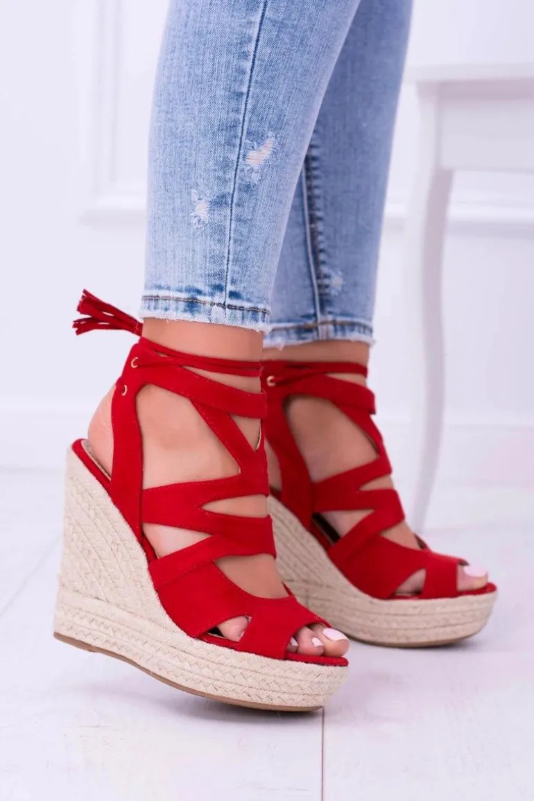 Czerwone Zamszowe Sandały Na Koturnie Nowelio