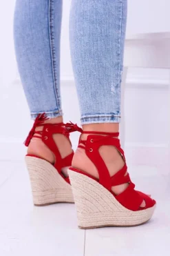 Czerwone Zamszowe Sandały Na Koturnie Nowelio