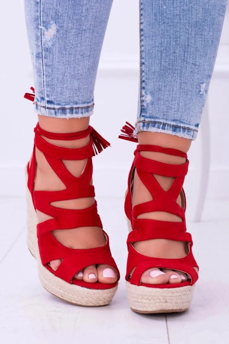 Czerwone Zamszowe Sandały Na Koturnie Nowelio