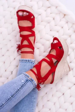 Czerwone Zamszowe Sandały Na Koturnie Nowelio