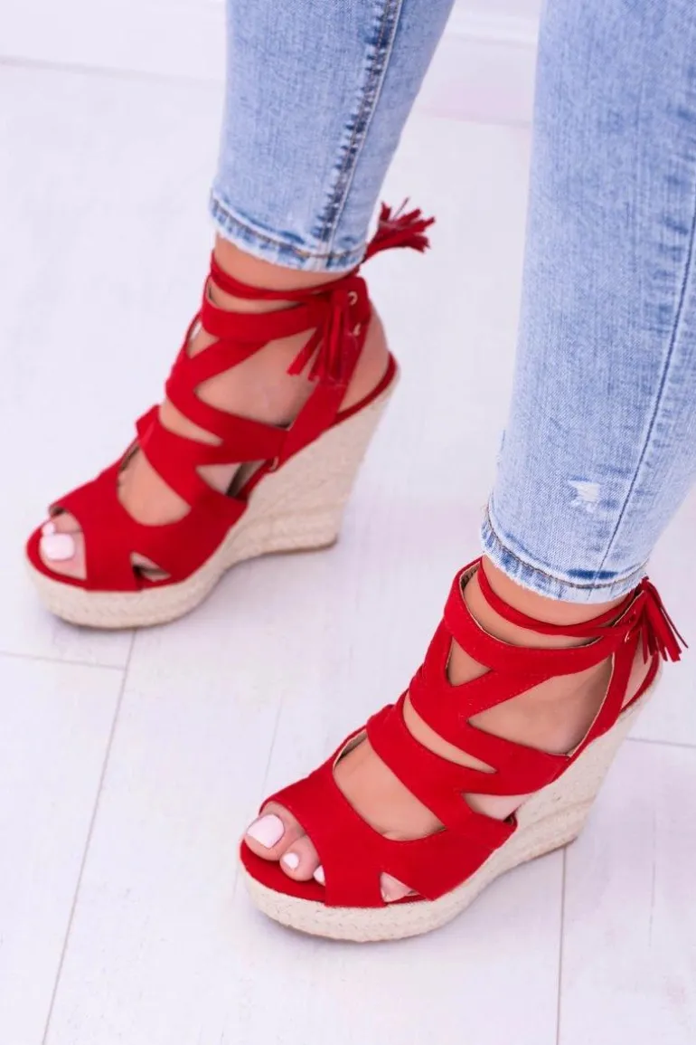 Czerwone Zamszowe Sandały Na Koturnie Nowelio