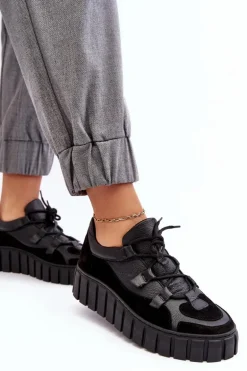 Damskie Skórzane Buty Sportowe Na Platformie M01/1 Zazoo Czarne