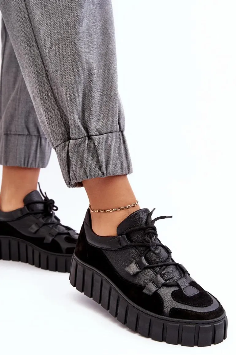 Damskie Skórzane Buty Sportowe Na Platformie M01/1 Zazoo Czarne