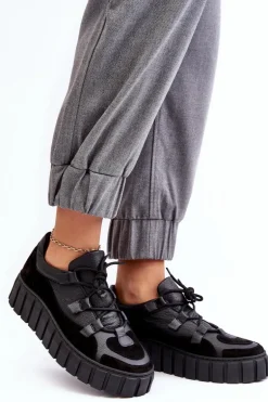 Damskie Skórzane Buty Sportowe Na Platformie M01/1 Zazoo Czarne