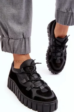 Damskie Skórzane Buty Sportowe Na Platformie M01/1 Zazoo Czarne