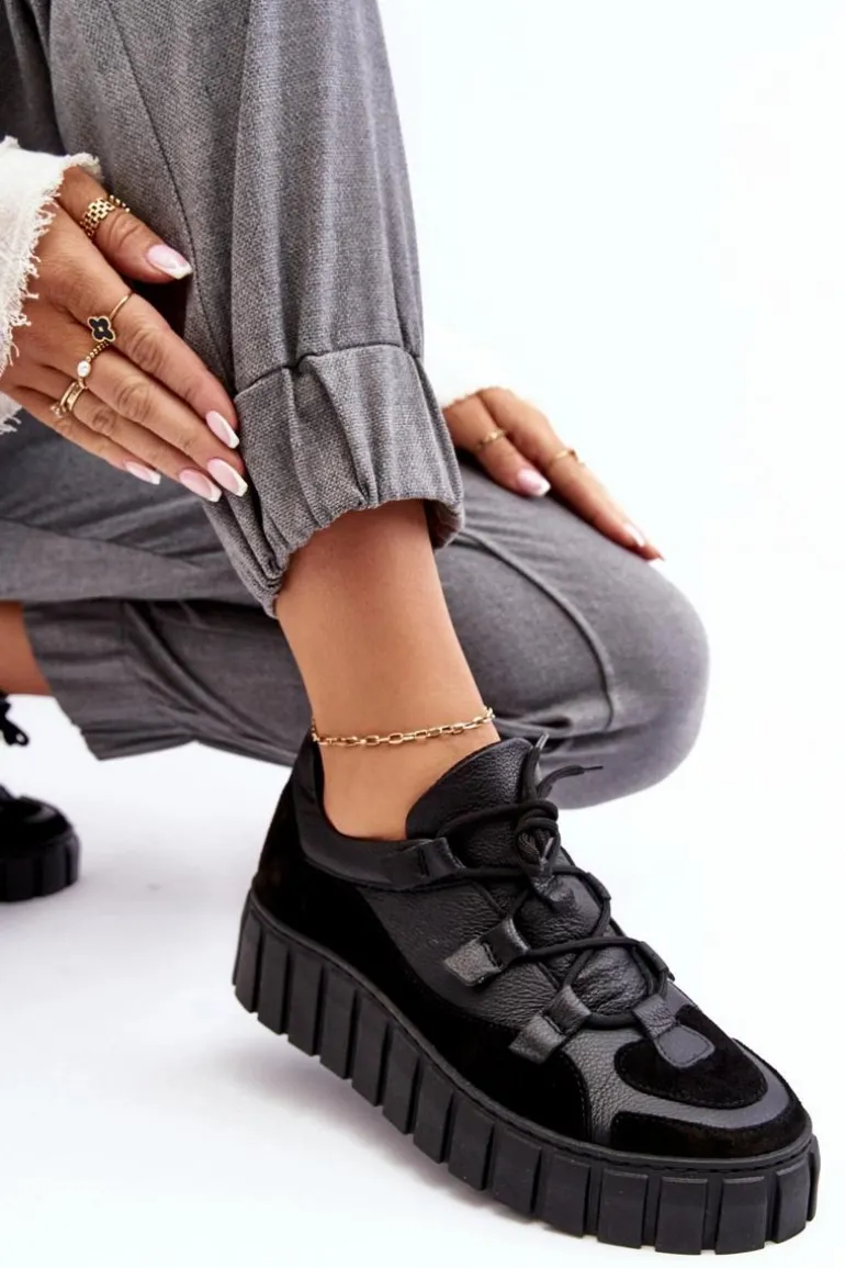 Damskie Skórzane Buty Sportowe Na Platformie M01/1 Zazoo Czarne