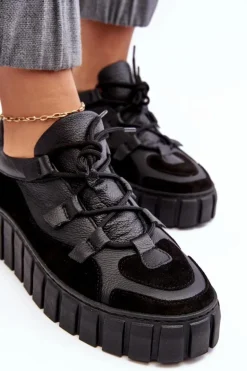Damskie Skórzane Buty Sportowe Na Platformie M01/1 Zazoo Czarne