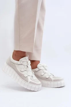 Damskie Skórzane Buty Sportowe Na Platformie M01/1 Zazoo Jasnobeżowe