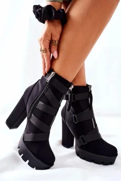 Damskie Aksamitne Botki Na Słupku Czarne Hurry Up