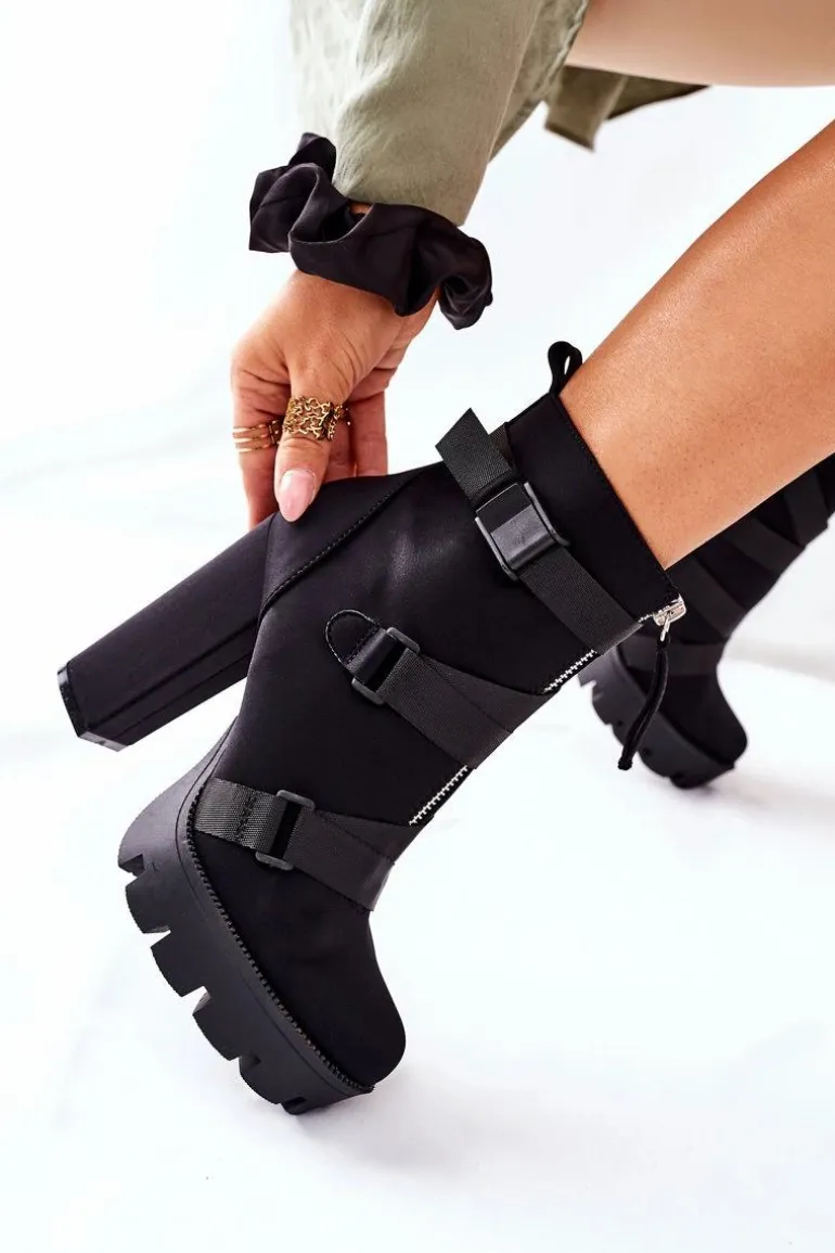 Damskie Aksamitne Botki Na Słupku Czarne Hurry Up