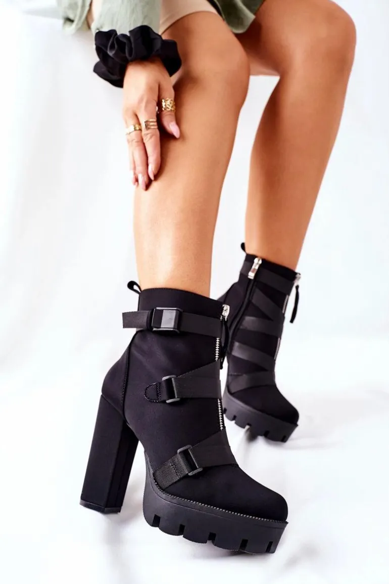 Damskie Aksamitne Botki Na Słupku Czarne Hurry Up