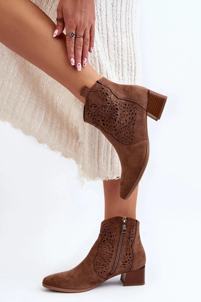 Damskie Ażurowe Botki Brązowe Madalina