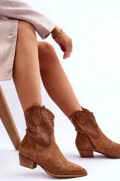 Damskie Ażurowe Botki Kowbojki Camel Reeds