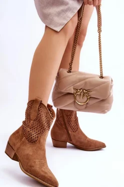 Damskie Ażurowe Botki Kowbojki Camel Reeds