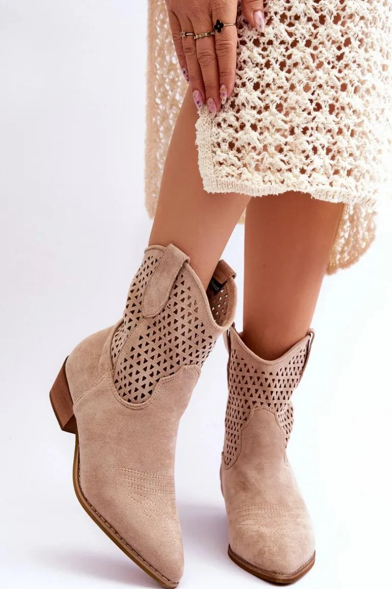 Damskie Ażurowe Botki Kowbojki Beżowe Reeds