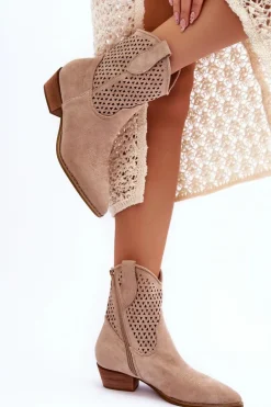 Damskie Ażurowe Botki Kowbojki Beżowe Reeds