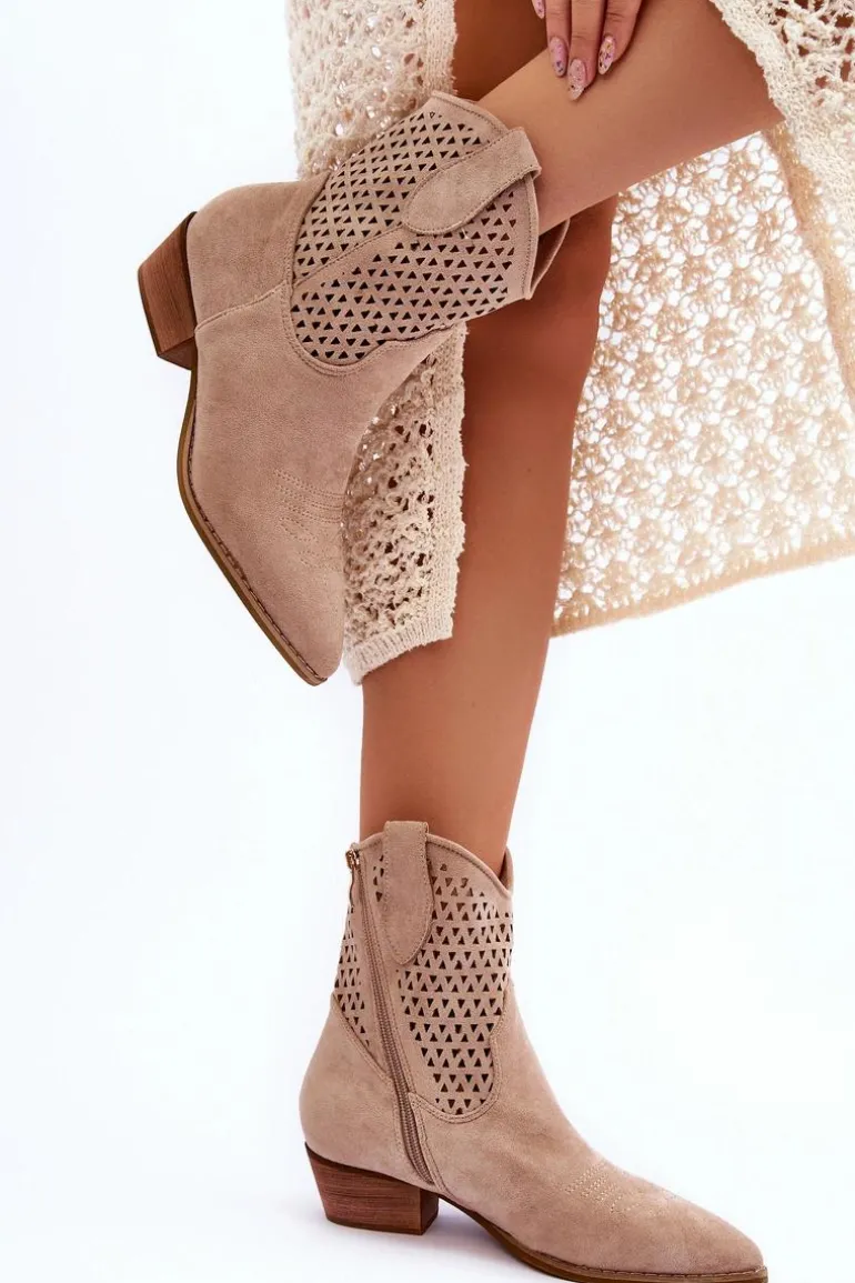 Damskie Ażurowe Botki Kowbojki Beżowe Reeds