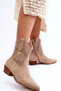 Damskie Ażurowe Botki Kowbojki Beżowe Reeds