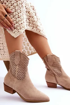 Damskie Ażurowe Botki Kowbojki Beżowe Reeds