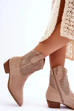 Damskie Ażurowe Botki Kowbojki Beżowe Reeds