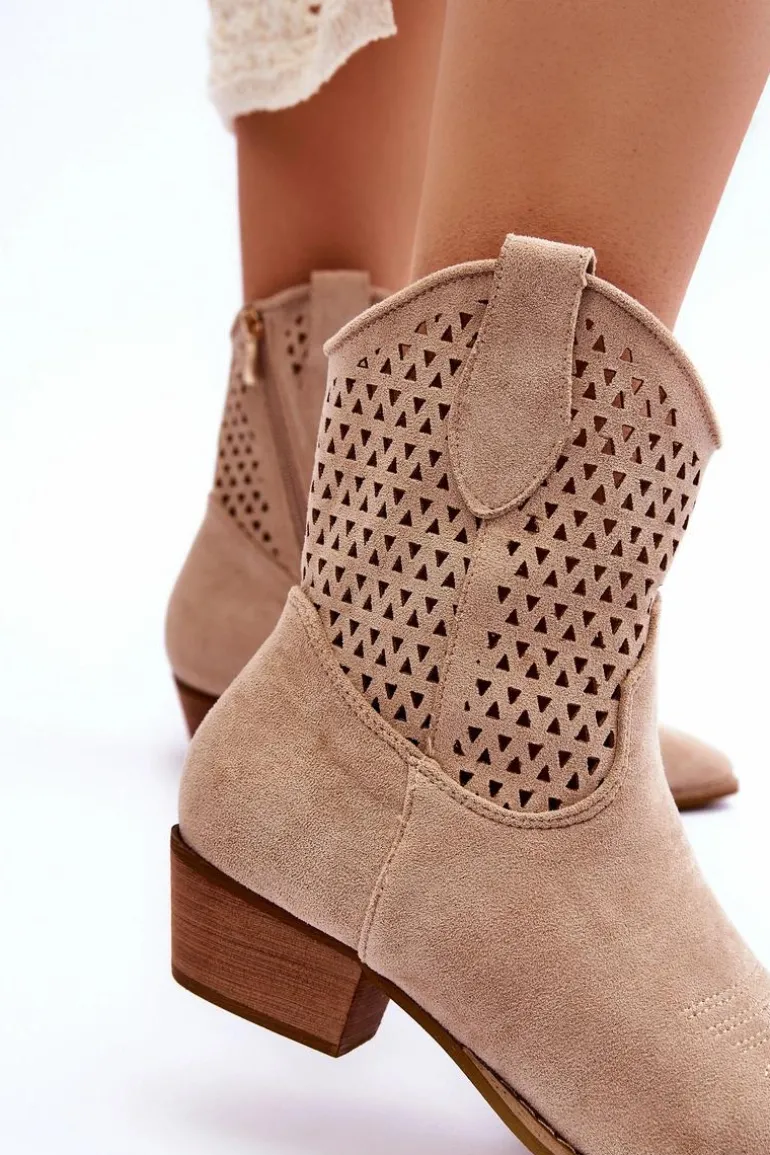 Damskie Ażurowe Botki Kowbojki Beżowe Reeds