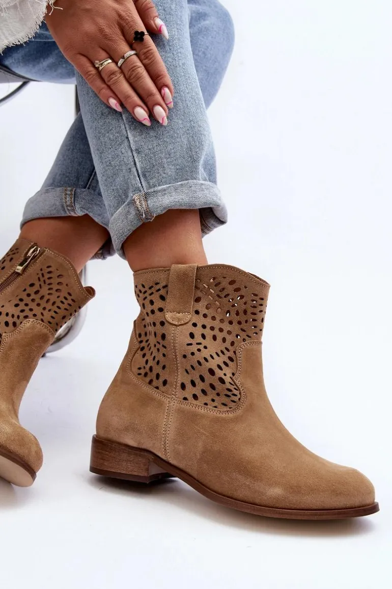 Damskie Ażurowe Botki Lewski Shoes 3305/2 Beżowe