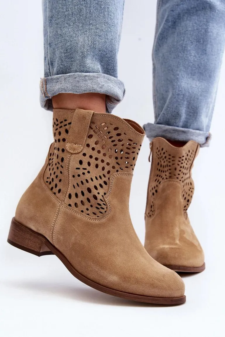 Damskie Ażurowe Botki Lewski Shoes 3305/2 Beżowe