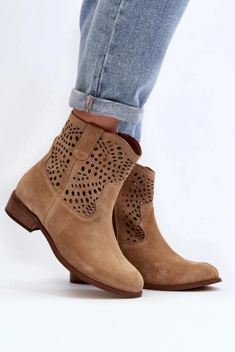 Damskie Ażurowe Botki Lewski Shoes 3305/2 Beżowe