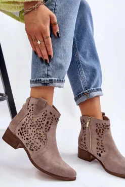 Damskie Ażurowe Botki Lewski Shoes 2909 Jasnobrązowe