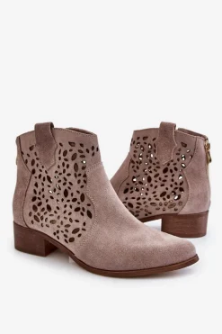 Damskie Ażurowe Botki Lewski Shoes 2909 Jasnobrązowe