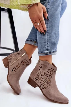 Damskie Ażurowe Botki Lewski Shoes 2909 Jasnobrązowe