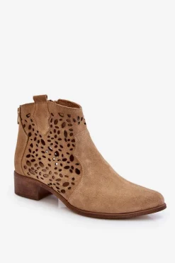 Damskie Ażurowe Botki Lewski Shoes 2909 Ciemnobeżowe