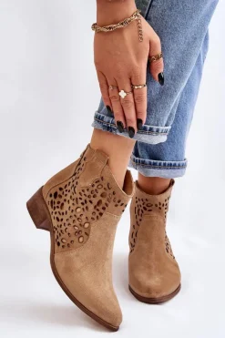 Damskie Ażurowe Botki Lewski Shoes 2909 Ciemnobeżowe