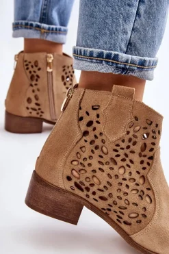 Damskie Ażurowe Botki Lewski Shoes 2909 Ciemnobeżowe