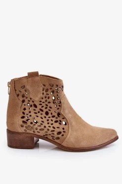 Damskie Ażurowe Botki Lewski Shoes 2909 Ciemnobeżowe