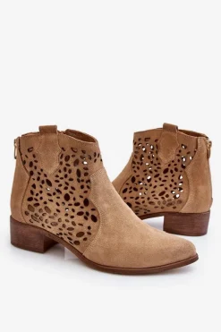 Damskie Ażurowe Botki Lewski Shoes 2909 Ciemnobeżowe