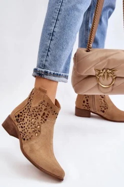 Damskie Ażurowe Botki Lewski Shoes 2909 Ciemnobeżowe