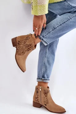 Damskie Ażurowe Botki Lewski Shoes 2909 Ciemnobeżowe