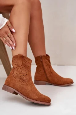 Damskie Ażurowe Botki Na Płaskim Obcasie Camel S.Barski HY42-135