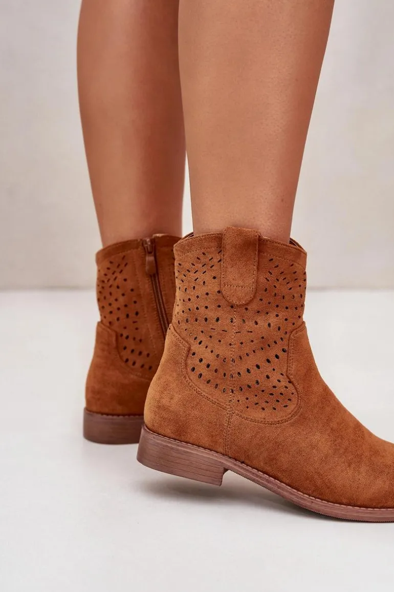 Damskie Ażurowe Botki Na Płaskim Obcasie Camel S.Barski HY42-135